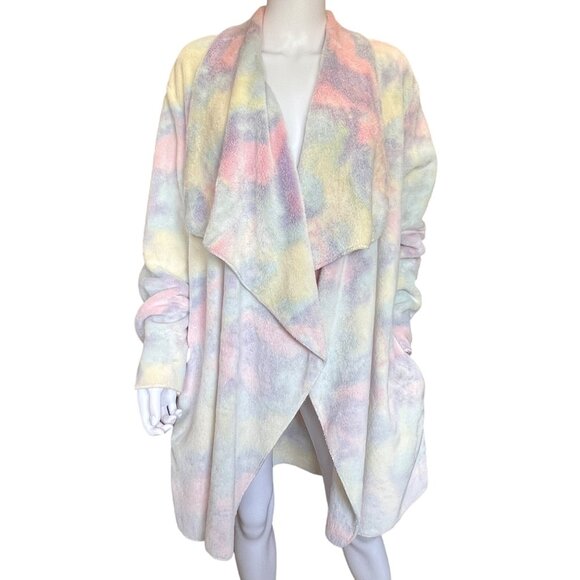 Berkshire Homewear Pastel Tie-Dye Plush Open-Front Wrap Cardigan Coat Womens L - Picture 1 of 11